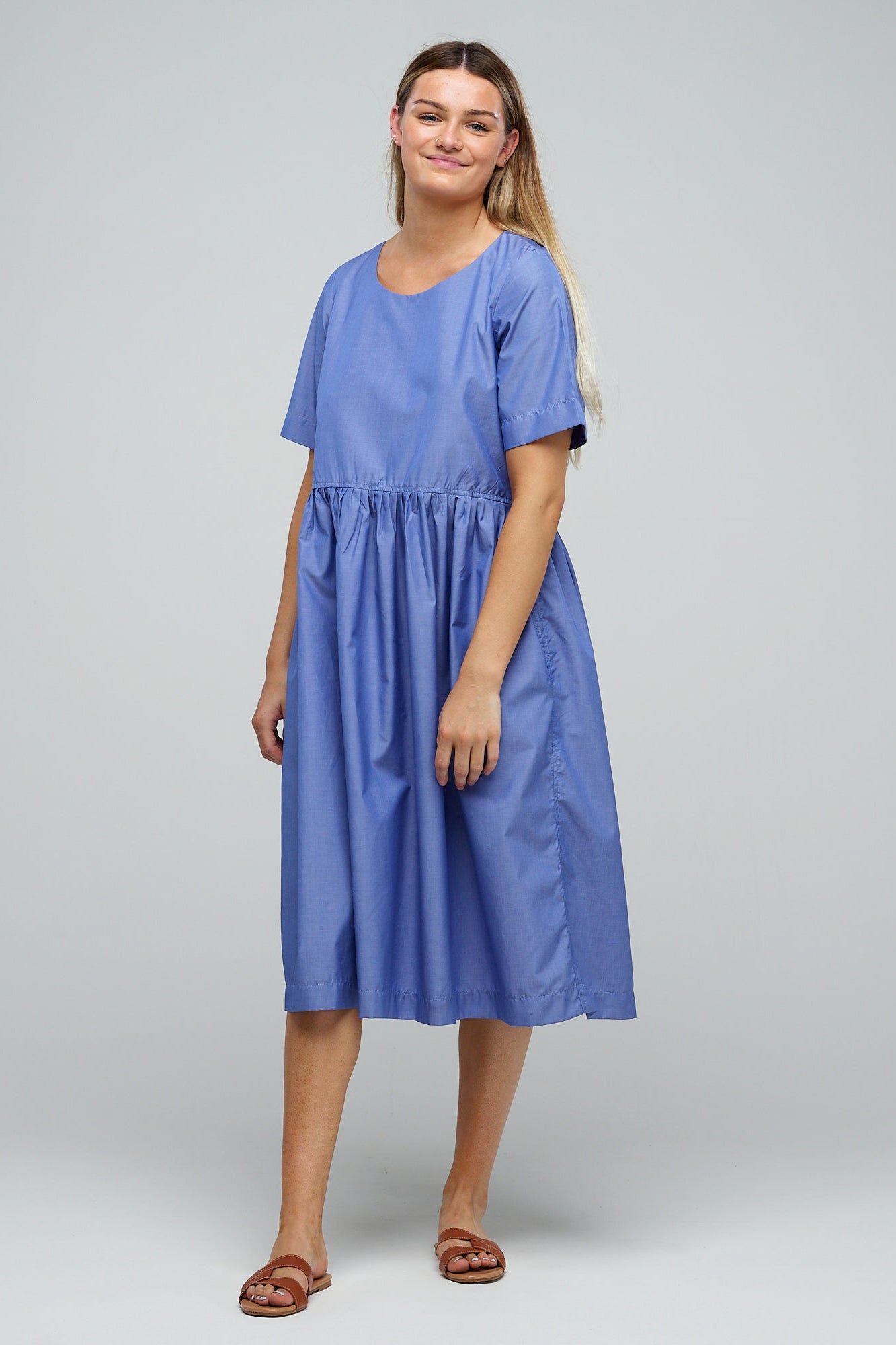 Crew Neck Gathered Dress - Blue Chambray
