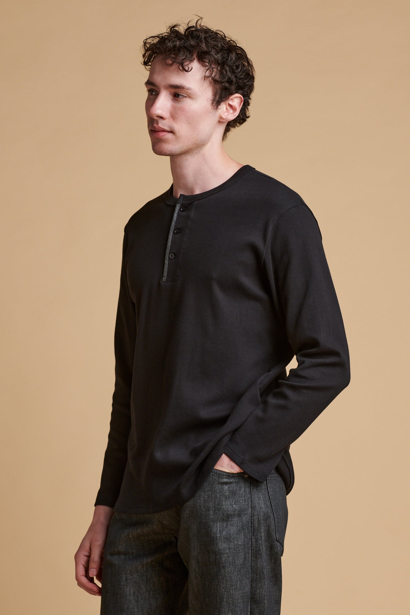 Men's Long Sleeve Henley Top - Black