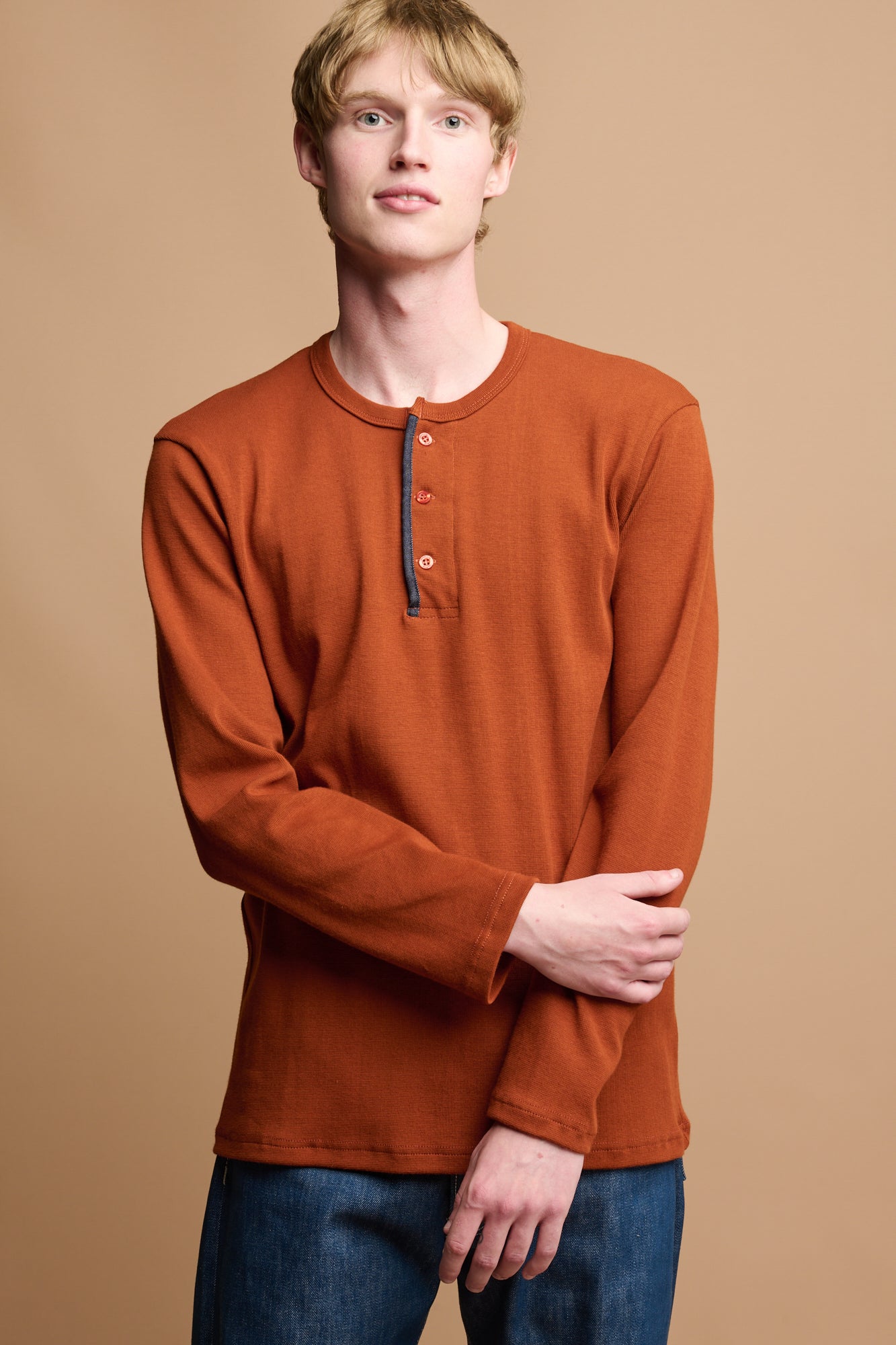 Men's Long Sleeve Henley Top - Cinnamon