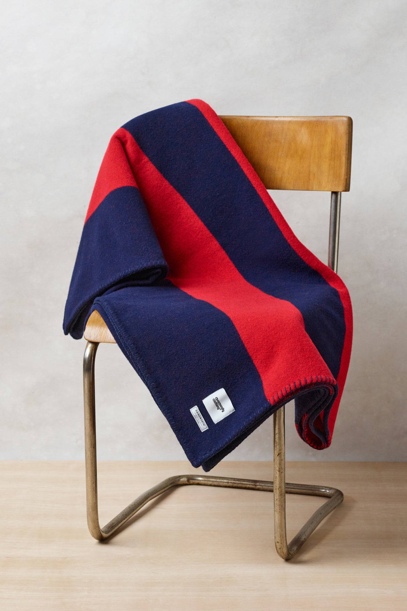 Pure Wool Striped Blanket - Navy/Red
