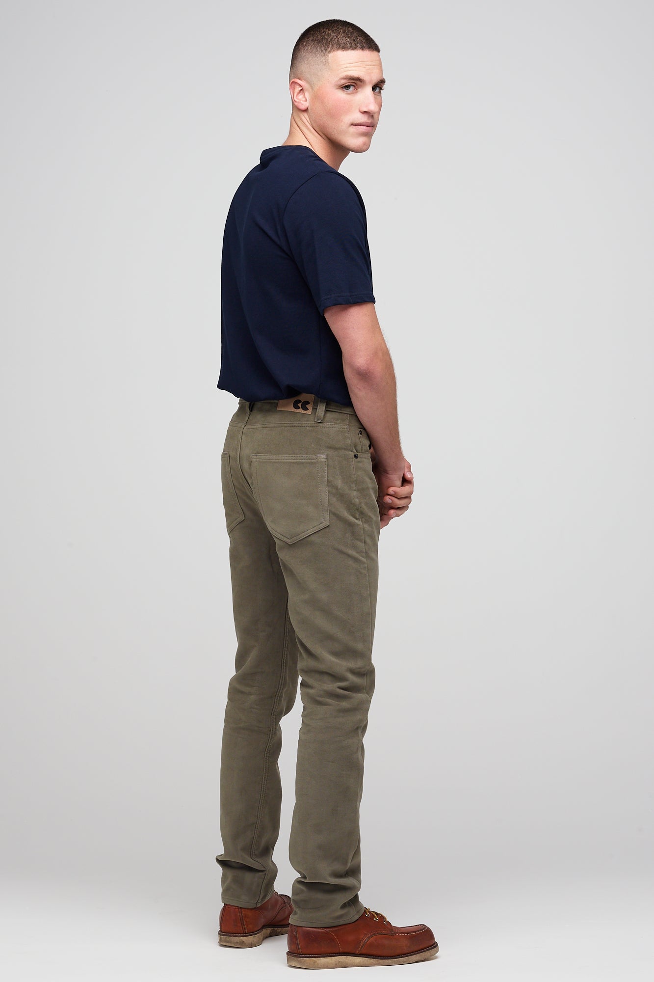 Men's Straight Cut 100% Cotton Moleskin Five Pocket Jeans - Olive
