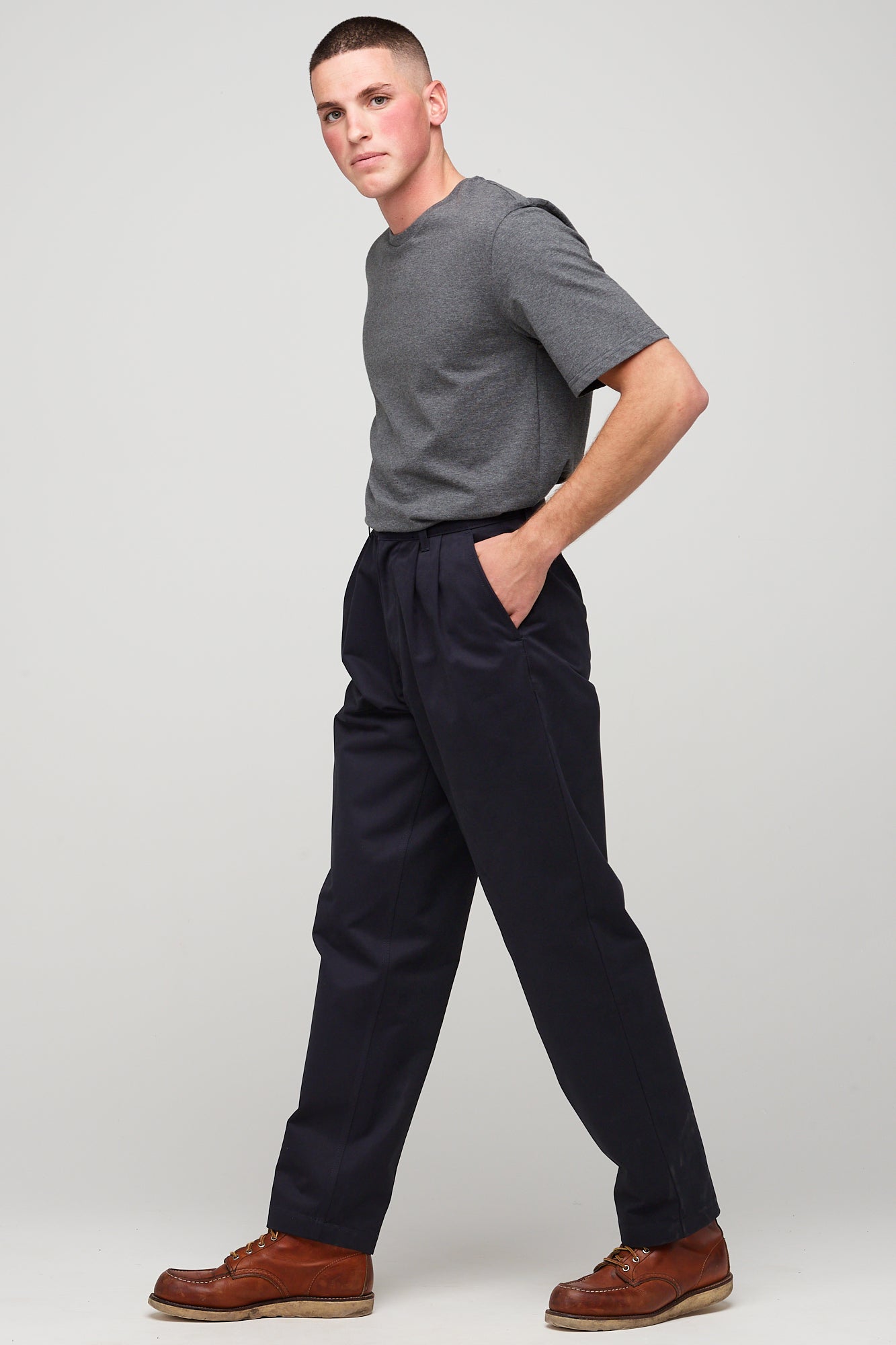 Men's Pleated Heavyweight 100% Cotton Twill Chinos - Dark Navy