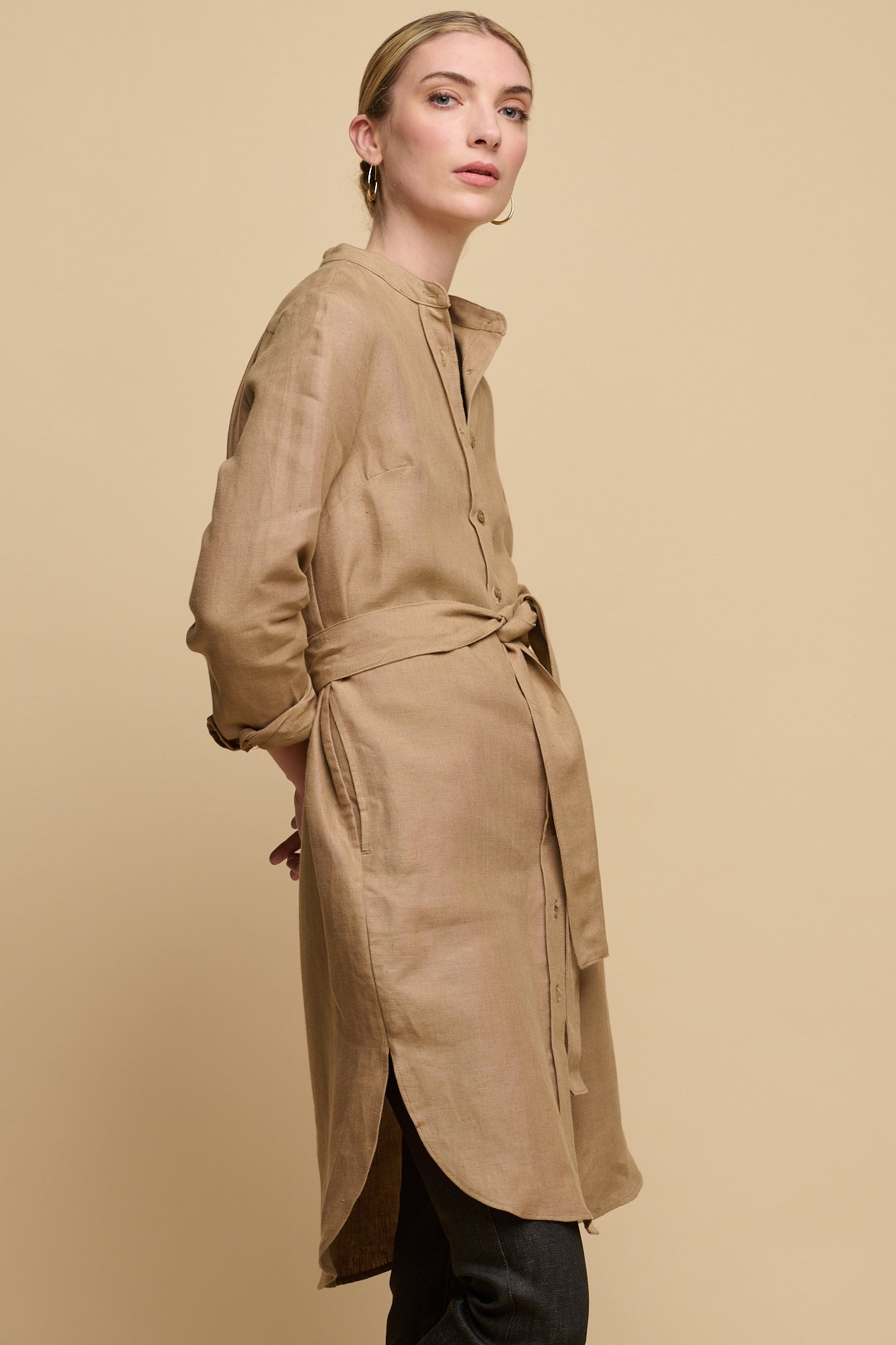 Women's Collarless Shirt Dress - Truffle Linen