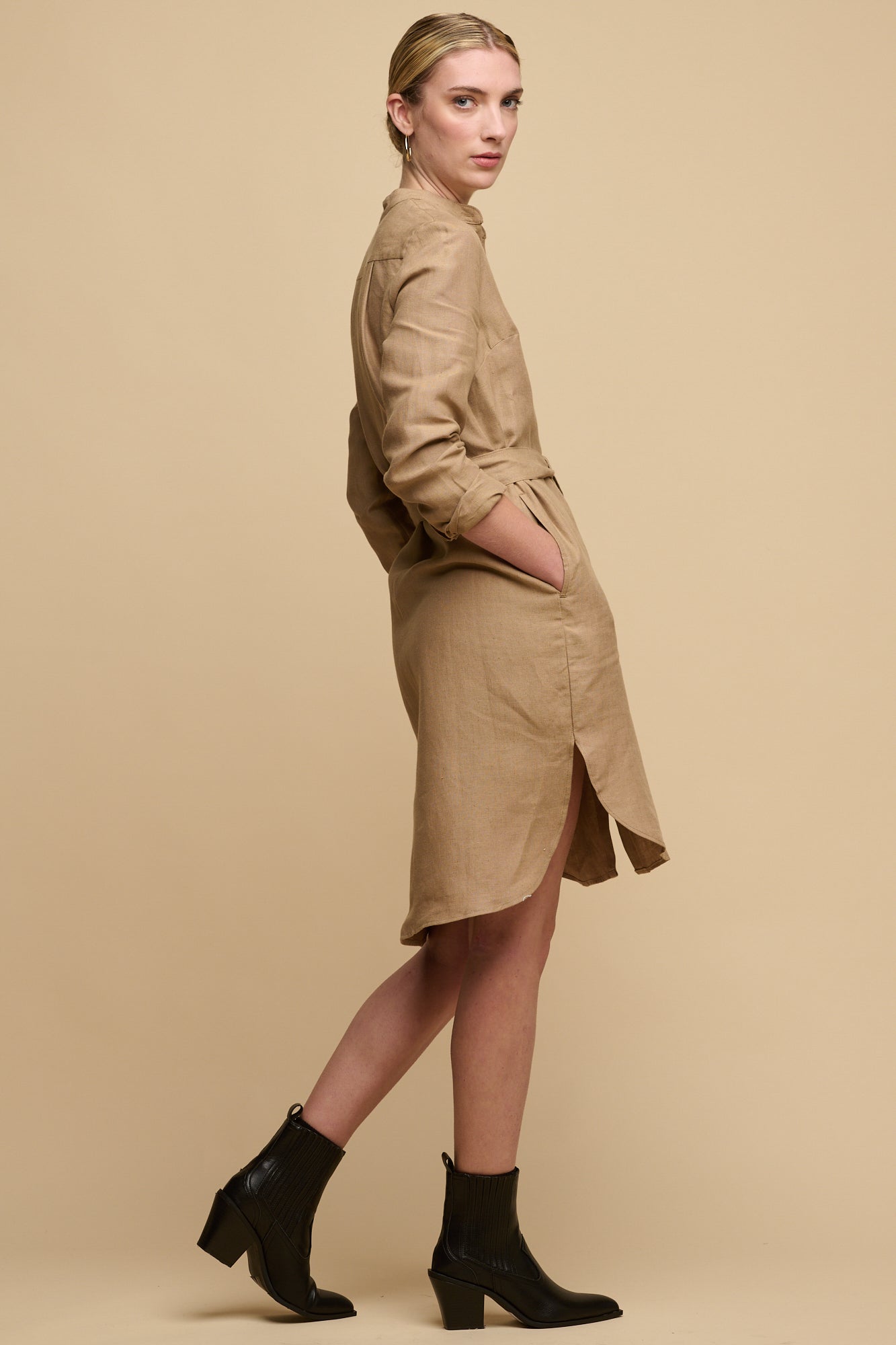 Women's Collarless Shirt Dress - Truffle Linen