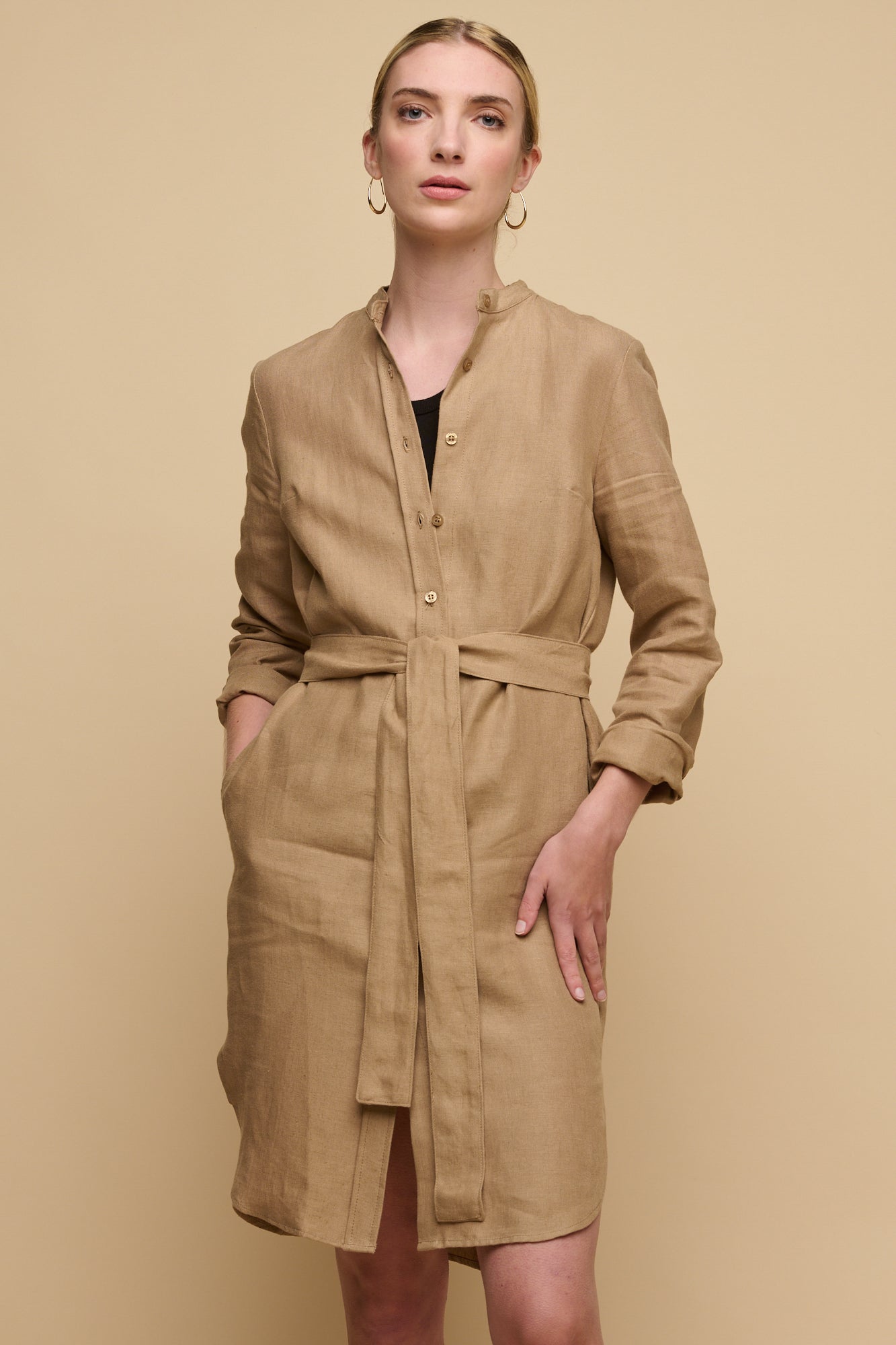 Women's Collarless Shirt Dress - Truffle Linen