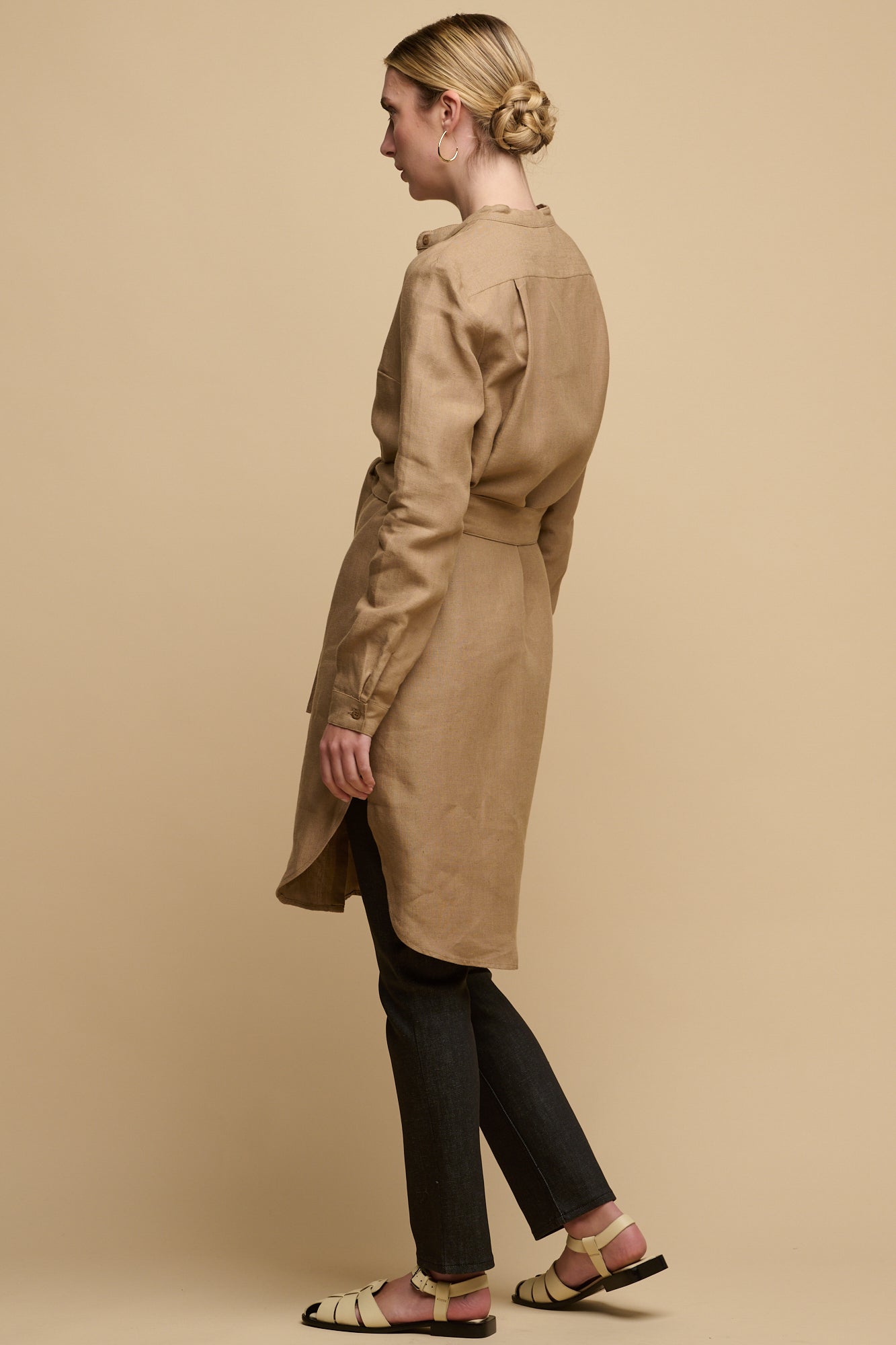 Women's Collarless Shirt Dress - Truffle Linen