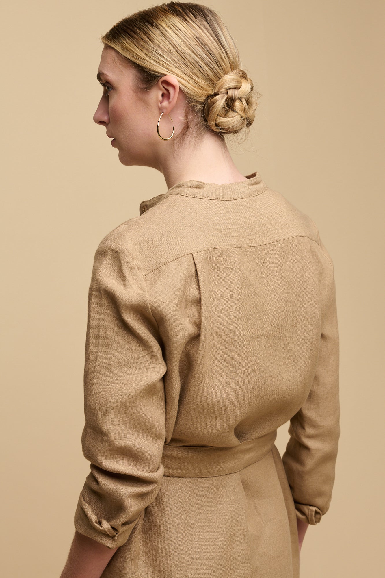 Women's Collarless Shirt Dress - Truffle Linen