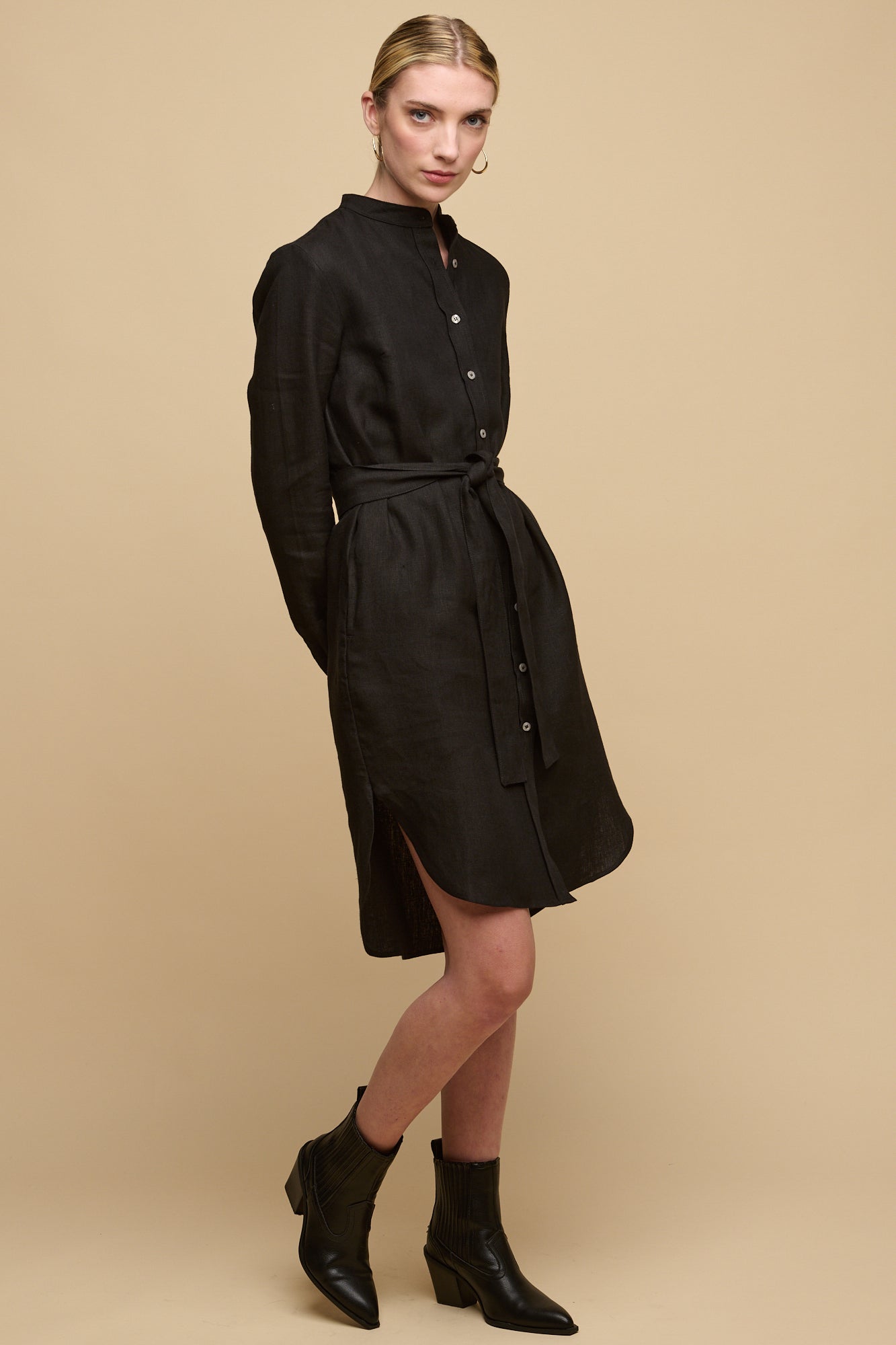 Women's Collarless Shirt Dress - Black Linen