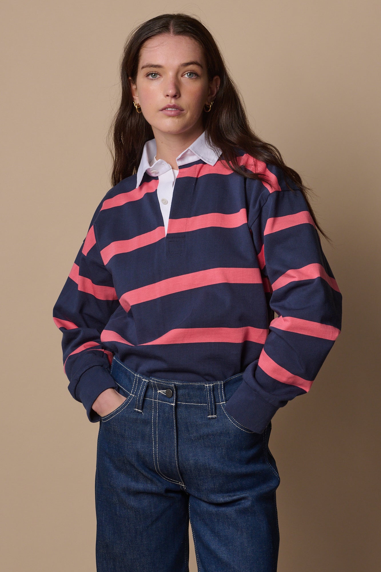 Striped Rugby Shirt - Navy/Pink